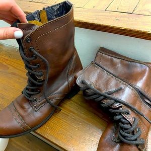 Brown leather combat boots